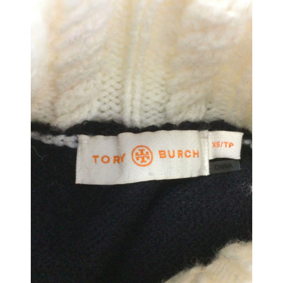 Tory Burch Navy & White Cable Knit Neck & Cuffs Turtleneck Sweater - Picture 6 of 7